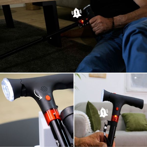 Canne Pliante Éclairante avec Alarme - Noir
